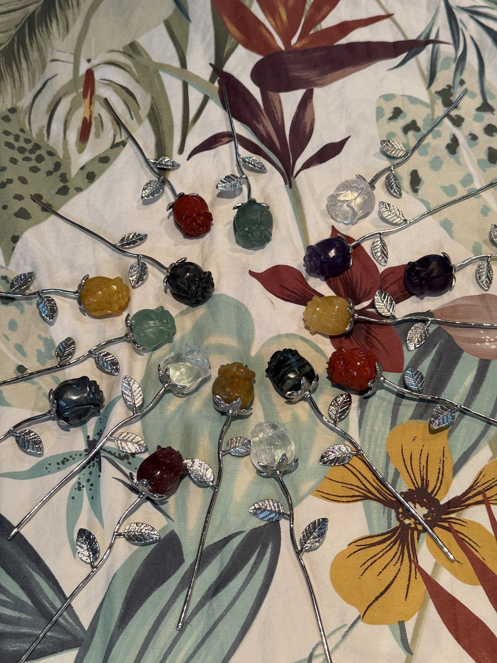 Mixed Gemstone Rose Bouquet (silver stems)