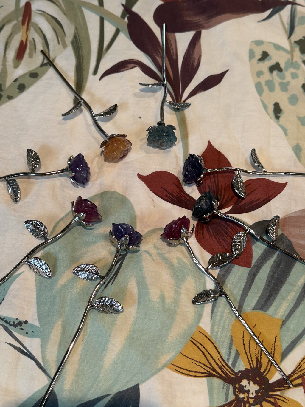 Mixed Gemstone Rose Bouquet (silver stems)