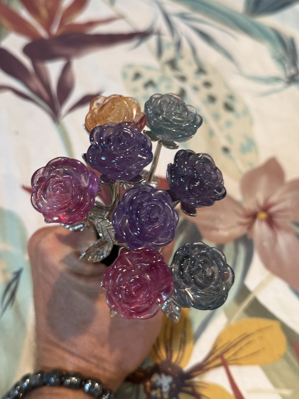 Mixed Gemstone Rose Bouquet (silver stems)