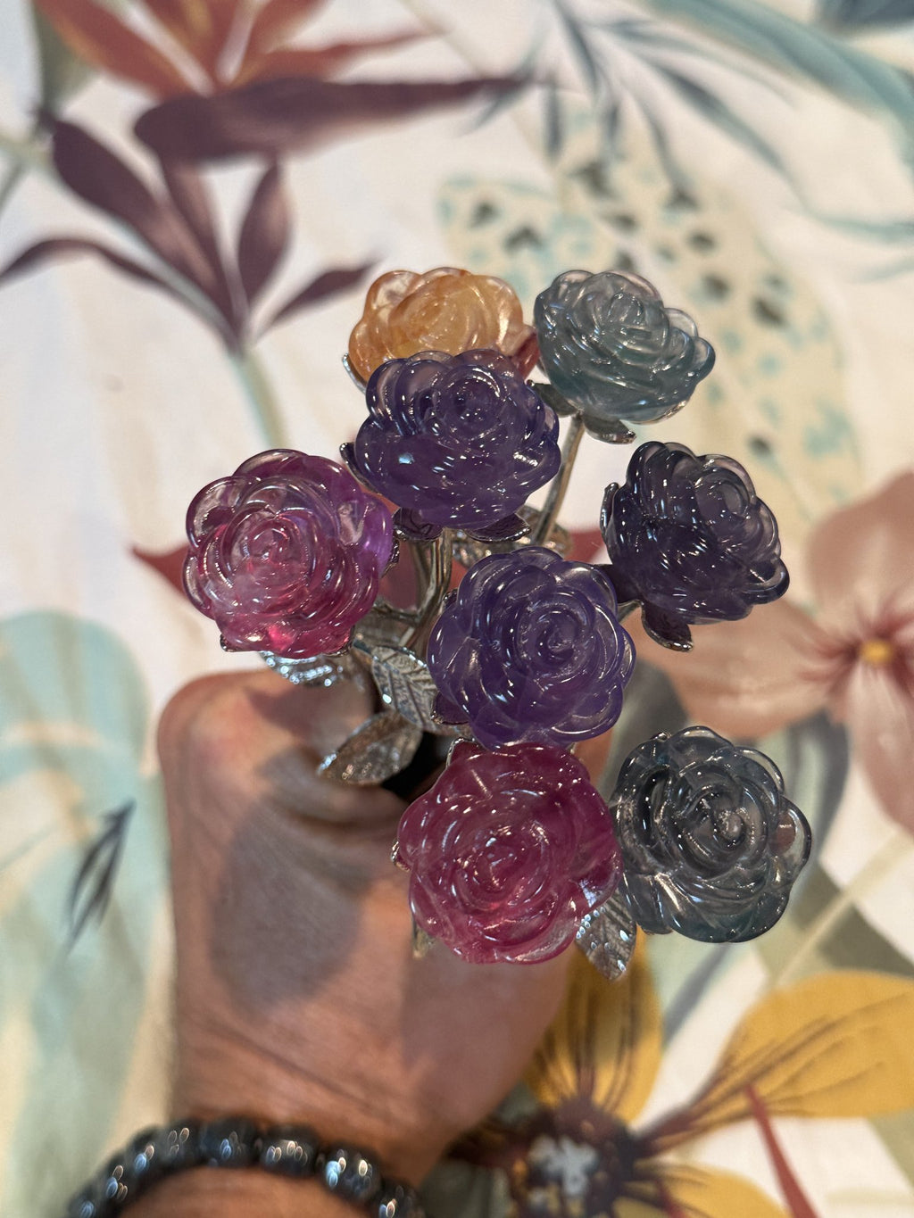 Mixed Gemstone Rose Bouquet (silver stems)