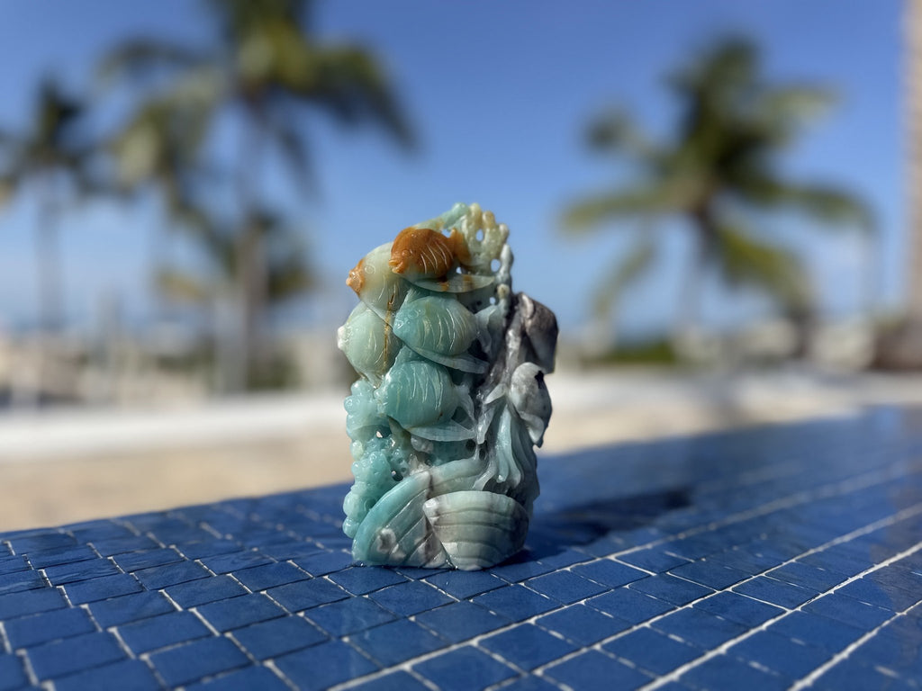 Caribbean Calcite Reef Tower Carving — Amber Goldfish