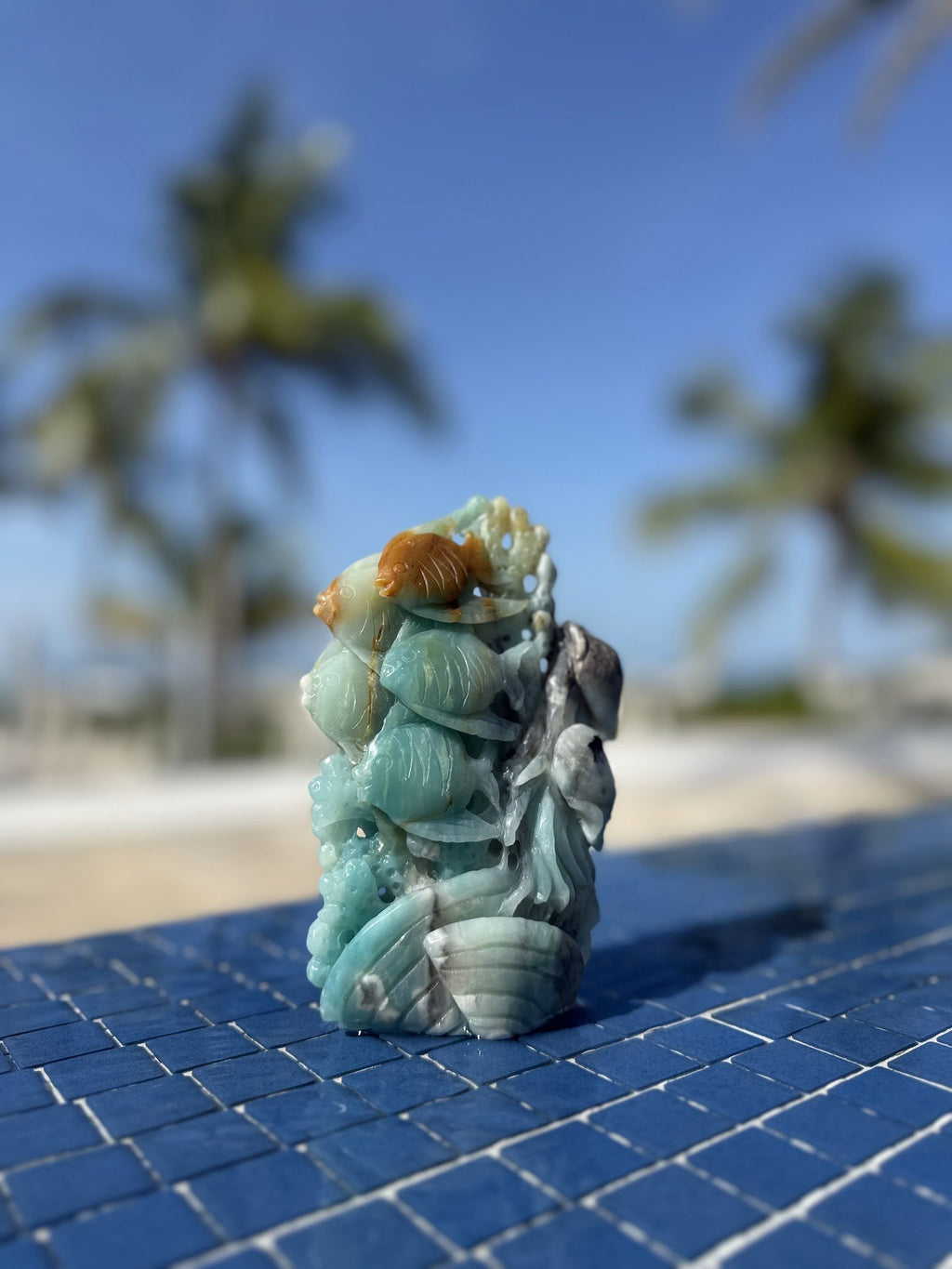 Caribbean Calcite Reef Tower Carving — Amber Goldfish