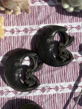 Black obsidian crescent moons with faeries, pair